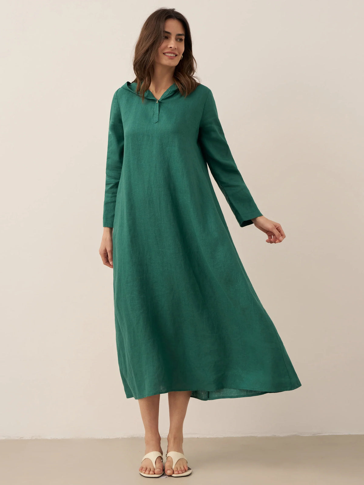 100% Linen Hooded Pullover Maxi Dress REBECCA navy Lintico