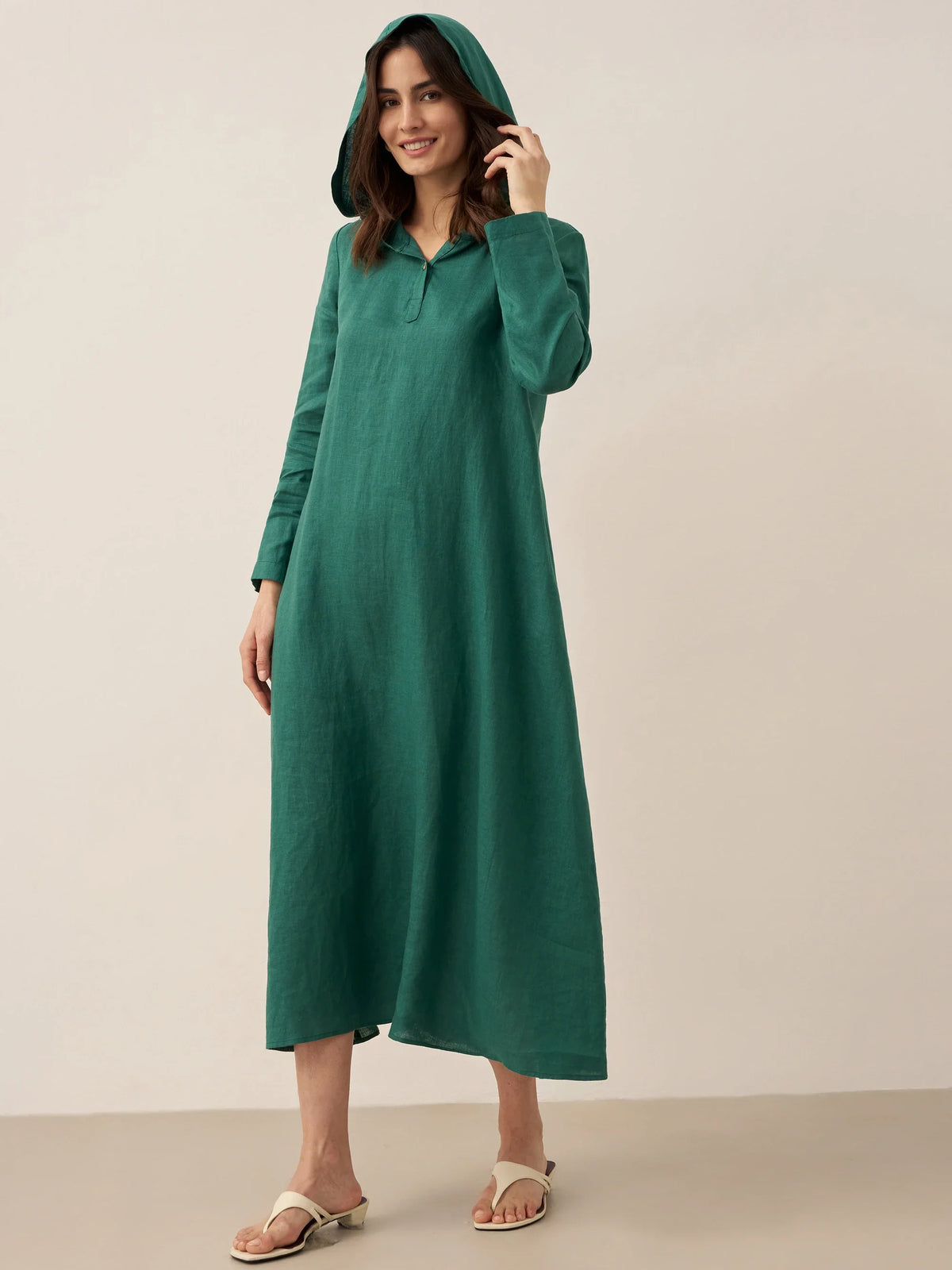 100% Linen Hooded Pullover Maxi Dress REBECCA navy Lintico