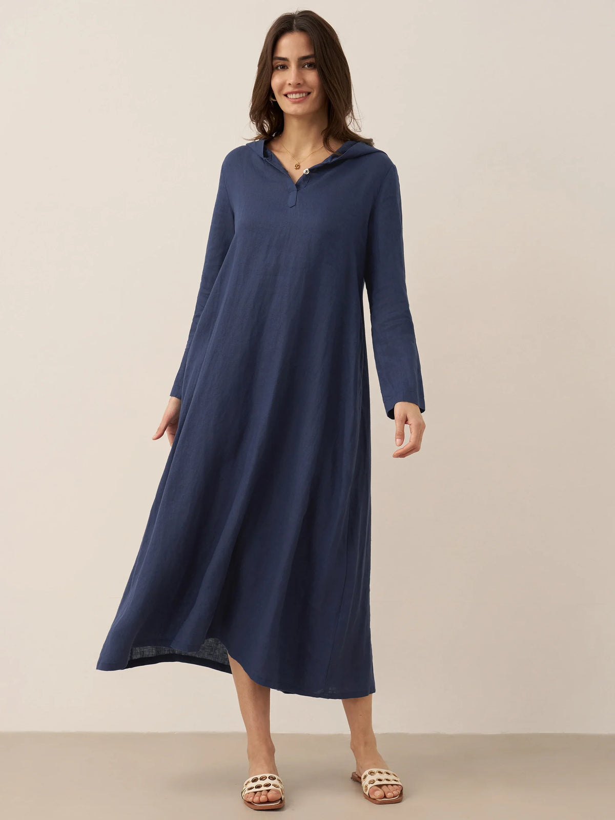 100% Linen Hooded Pullover Maxi Dress REBECCA navy Lintico