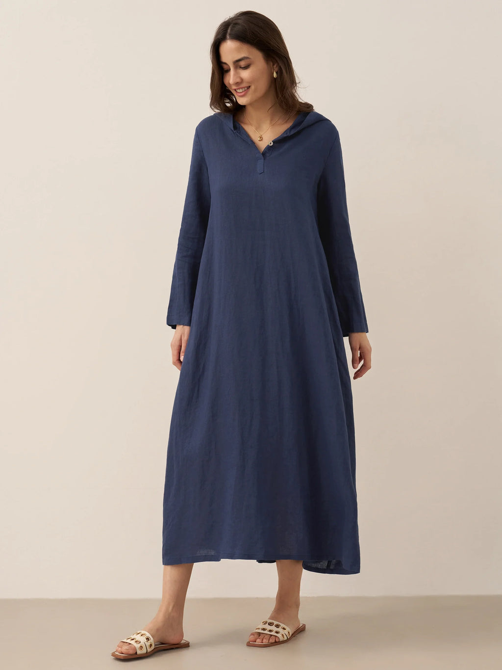 100% Linen Hooded Pullover Maxi Dress REBECCA navy Lintico