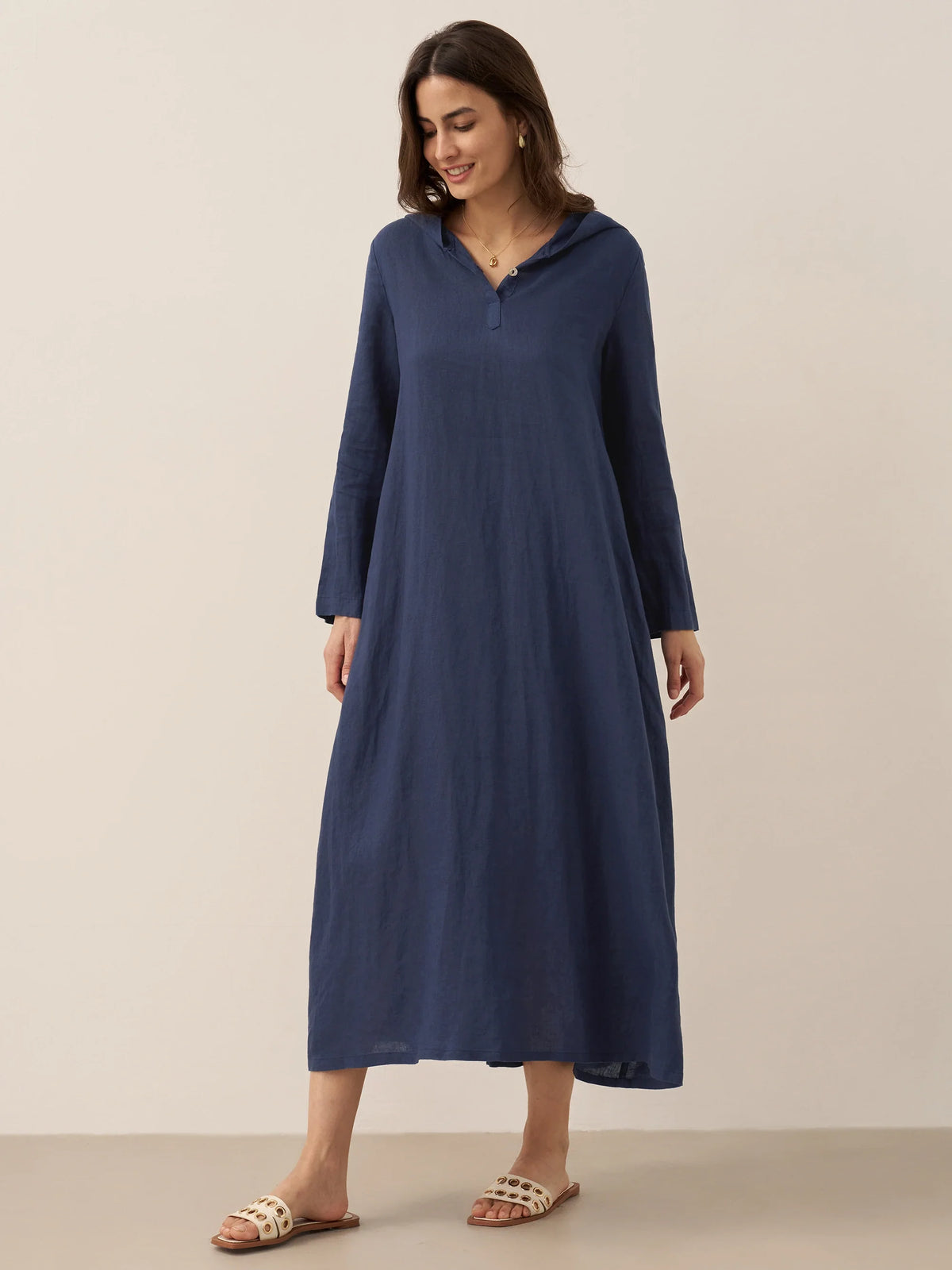 100% Linen Hooded Pullover Maxi Dress REBECCA navy Lintico