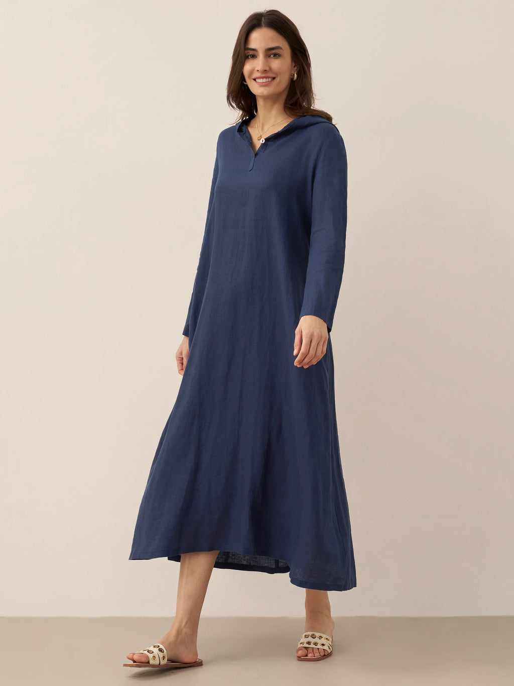 100% Linen Hooded Pullover Maxi Dress REBECCA navy Lintico