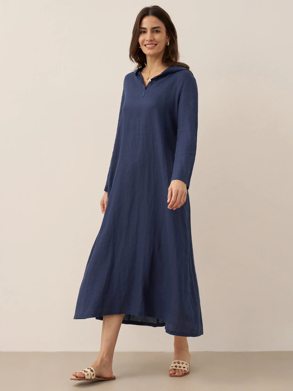 100% Linen Hooded Pullover Maxi Dress REBECCA navy Lintico