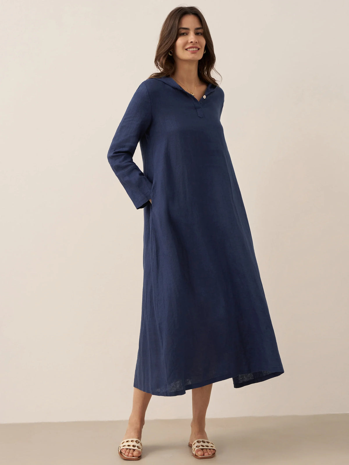 100% Linen Hooded Pullover Maxi Dress REBECCA navy Lintico