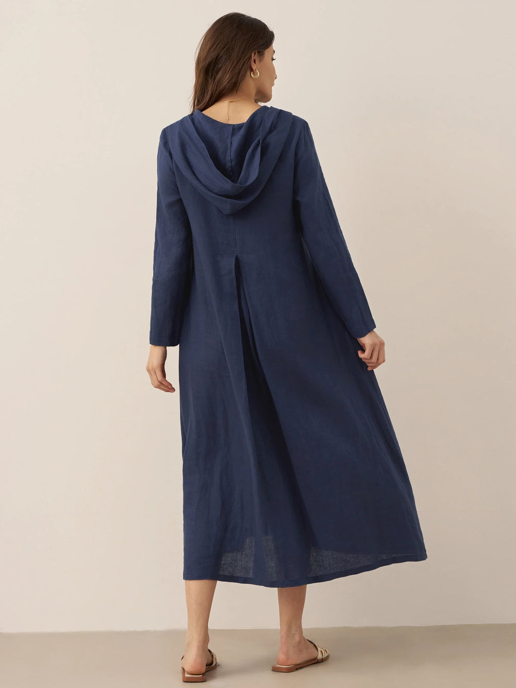 100% Linen Hooded Pullover Maxi Dress REBECCA navy Lintico