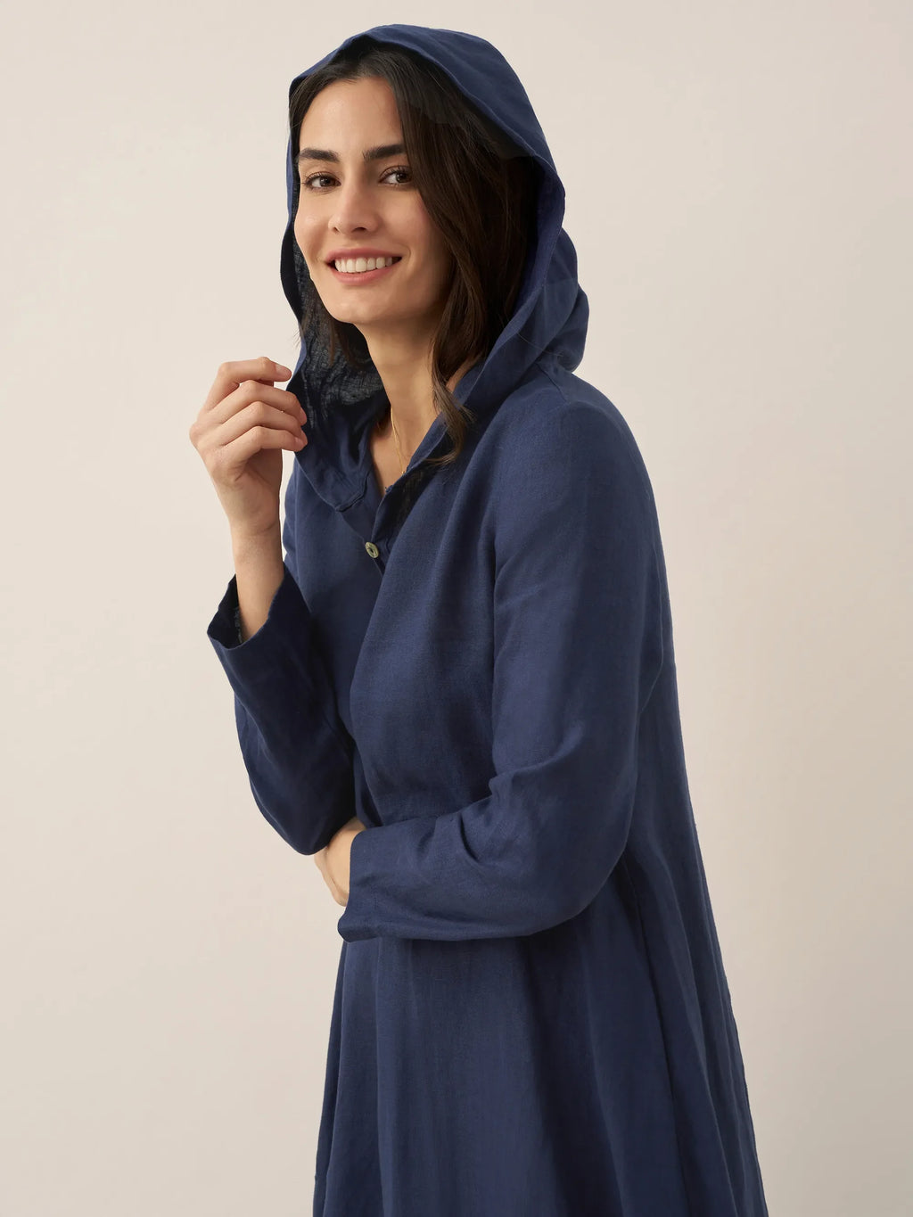 100% Linen Hooded Pullover Maxi Dress REBECCA navy Lintico