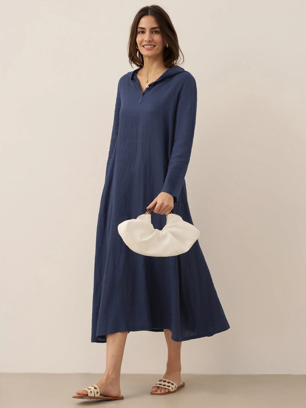 100% Linen Hooded Pullover Maxi Dress REBECCA navy Lintico