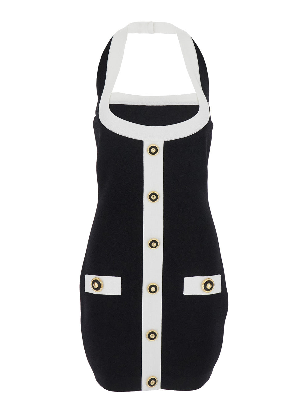 Balmain ladies Black Dress Square Neckline Decorative Buttons black white