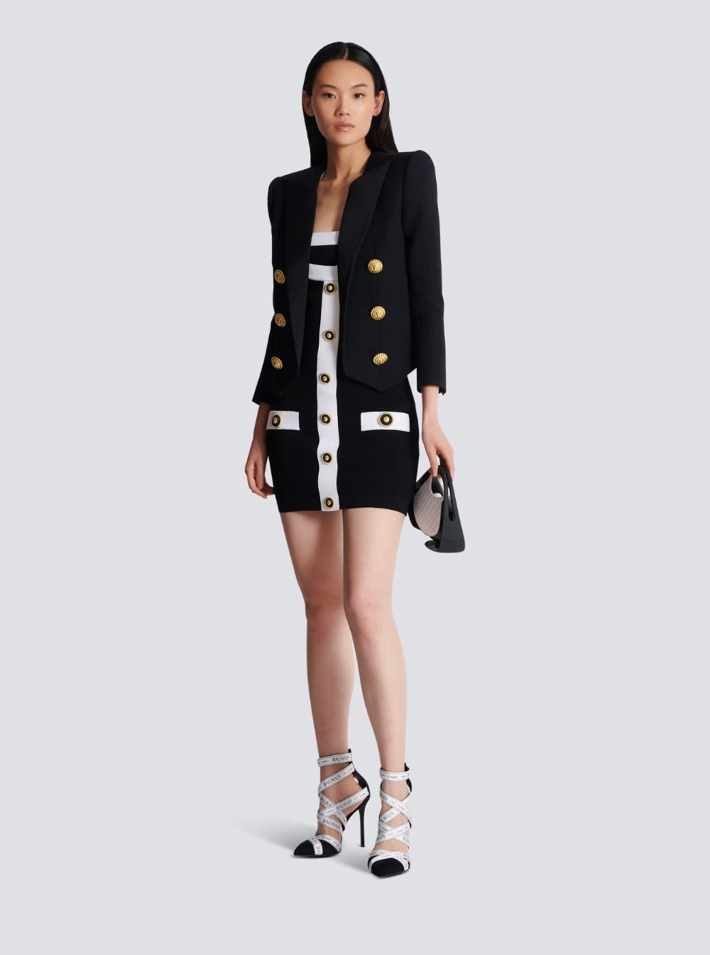 Balmain ladies Black Dress Square Neckline Decorative Buttons black white