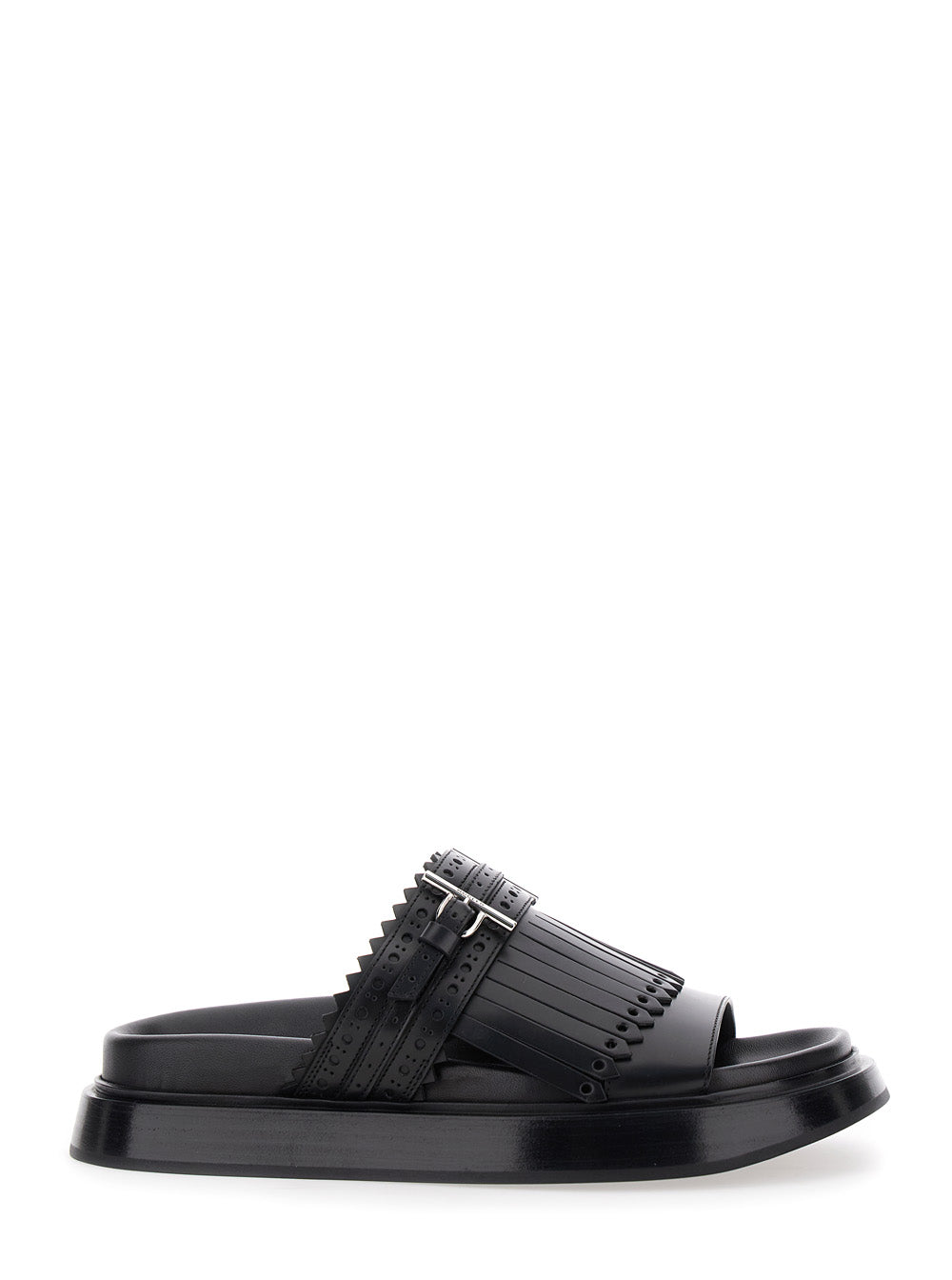 Alexander Mcqueen ladies Black Leather Sandals With Brogue T-Buckle Decorative Strap slides shoes