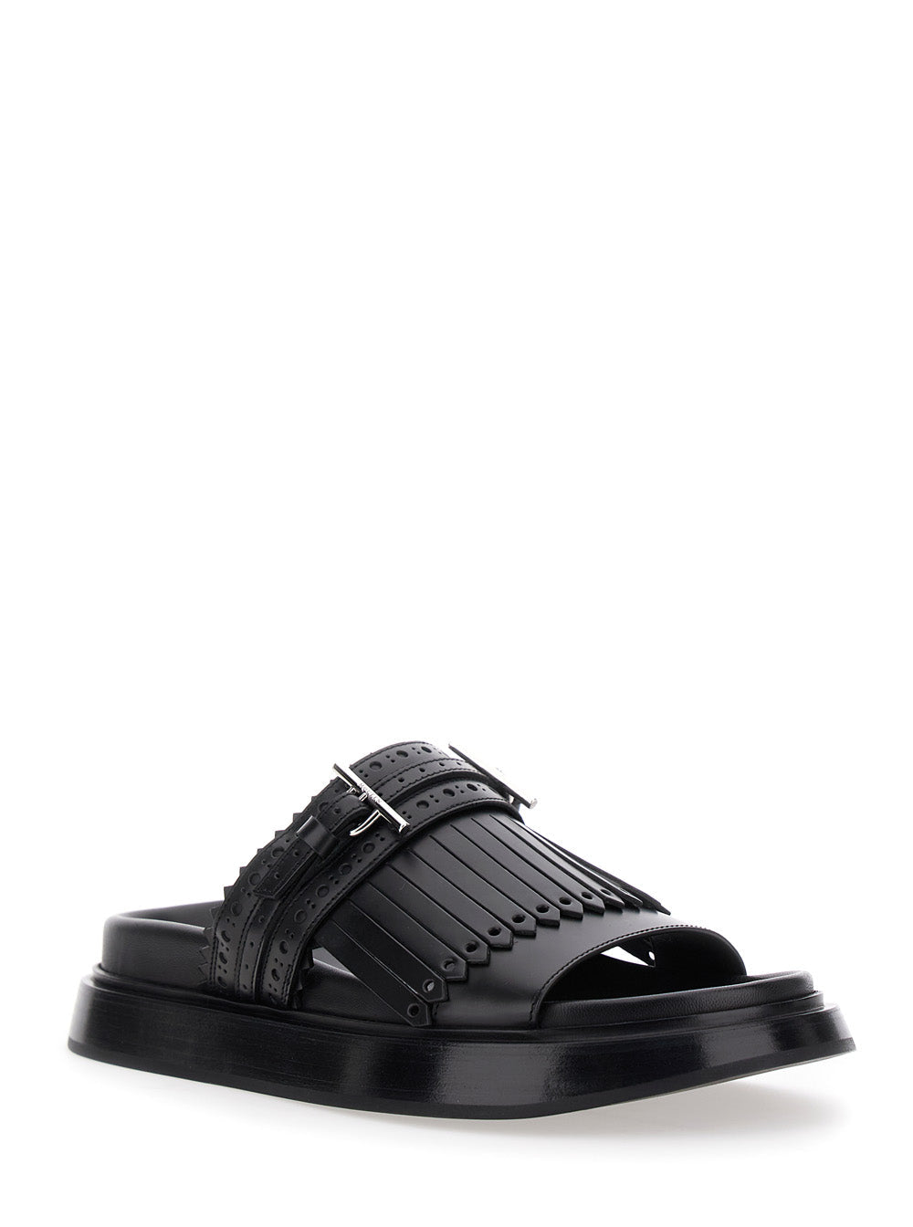 Alexander Mcqueen ladies Black Leather Sandals With Brogue T-Buckle Decorative Strap slides shoes