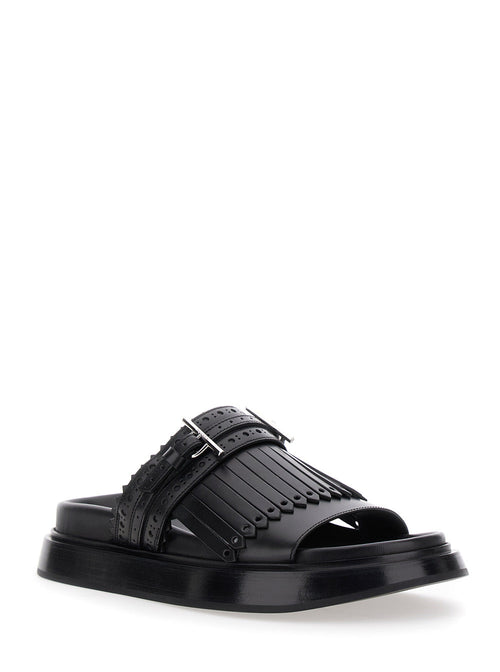 Alexander Mcqueen ladies Black Leather Sandals With Brogue T-Buckle Decorative Strap slides shoes