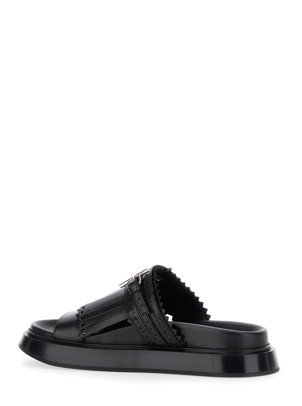 Alexander Mcqueen ladies Black Leather Sandals With Brogue T-Buckle Decorative Strap slides shoes