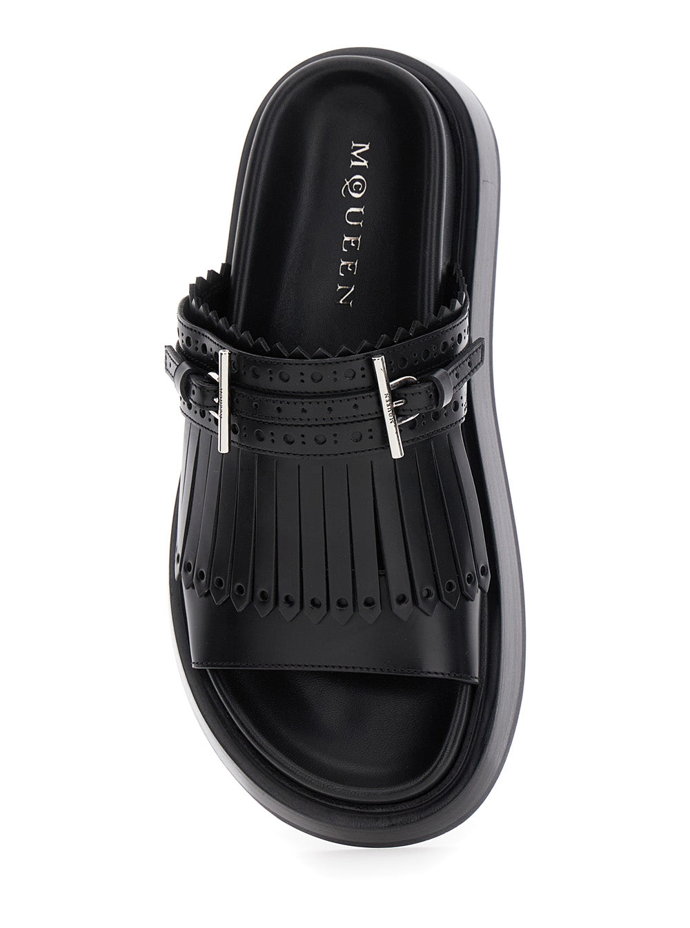 Alexander Mcqueen ladies Black Leather Sandals With Brogue T-Buckle Decorative Strap slides shoes