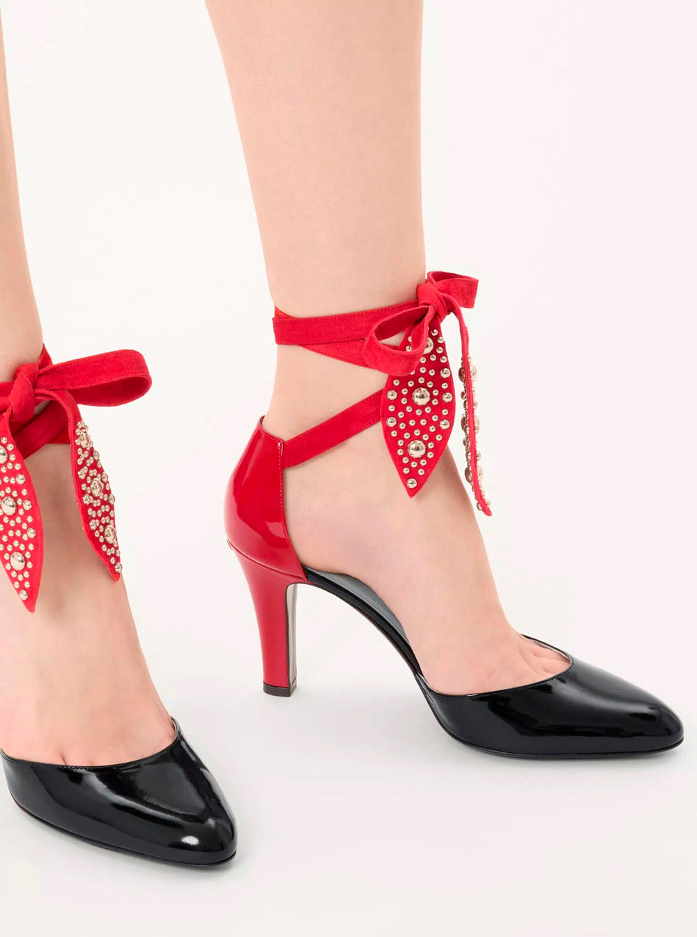 Valentino Garavani ladies 'Foliefoliage' Black Red Pumps Bead Embellishment Color-Block Design In Leather Woman