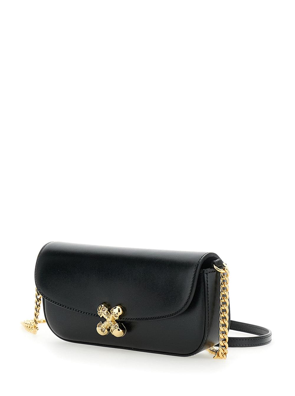 Alexander Mcqueen 'Skull Flower' Black Crossbody Bag Chain-Link Shoulder Strap Logo Plaque Handbag Purse