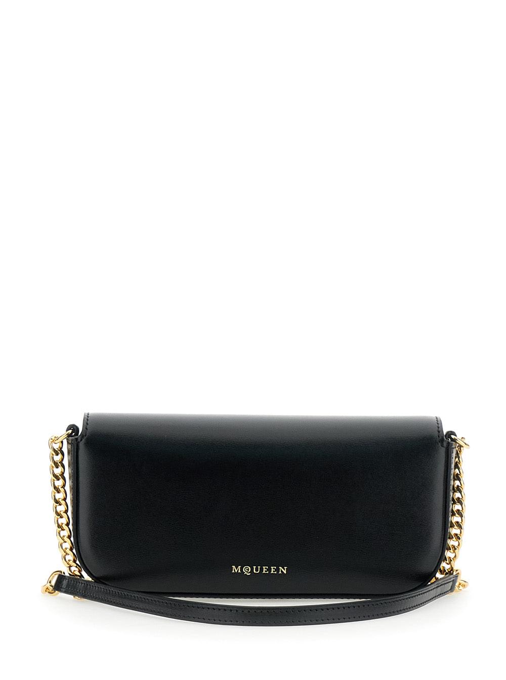 Alexander Mcqueen 'Skull Flower' Black Crossbody Bag Chain-Link Shoulder Strap Logo Plaque Handbag Purse