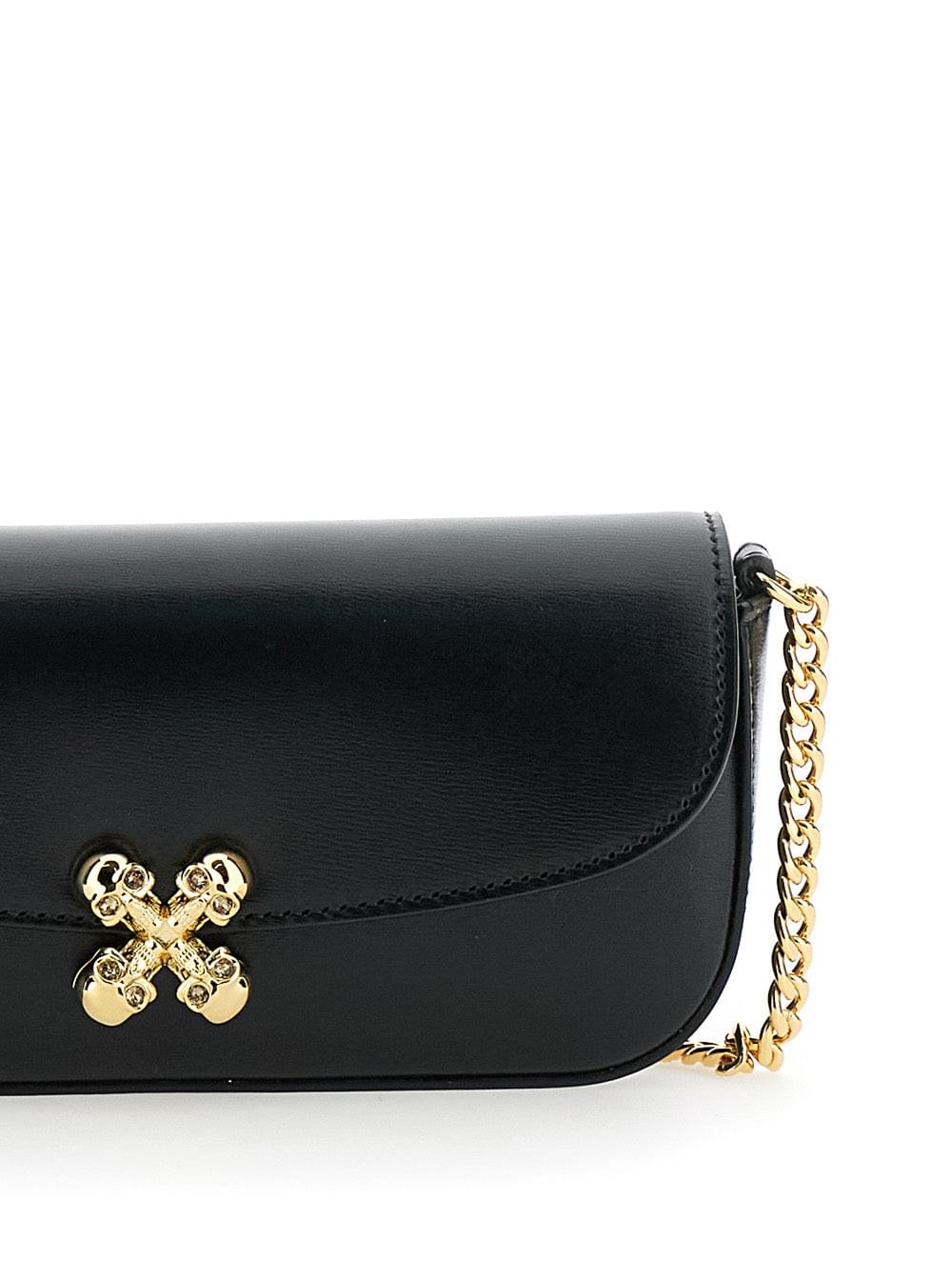 Alexander Mcqueen 'Skull Flower' Black Crossbody Bag Chain-Link Shoulder Strap Logo Plaque Handbag Purse