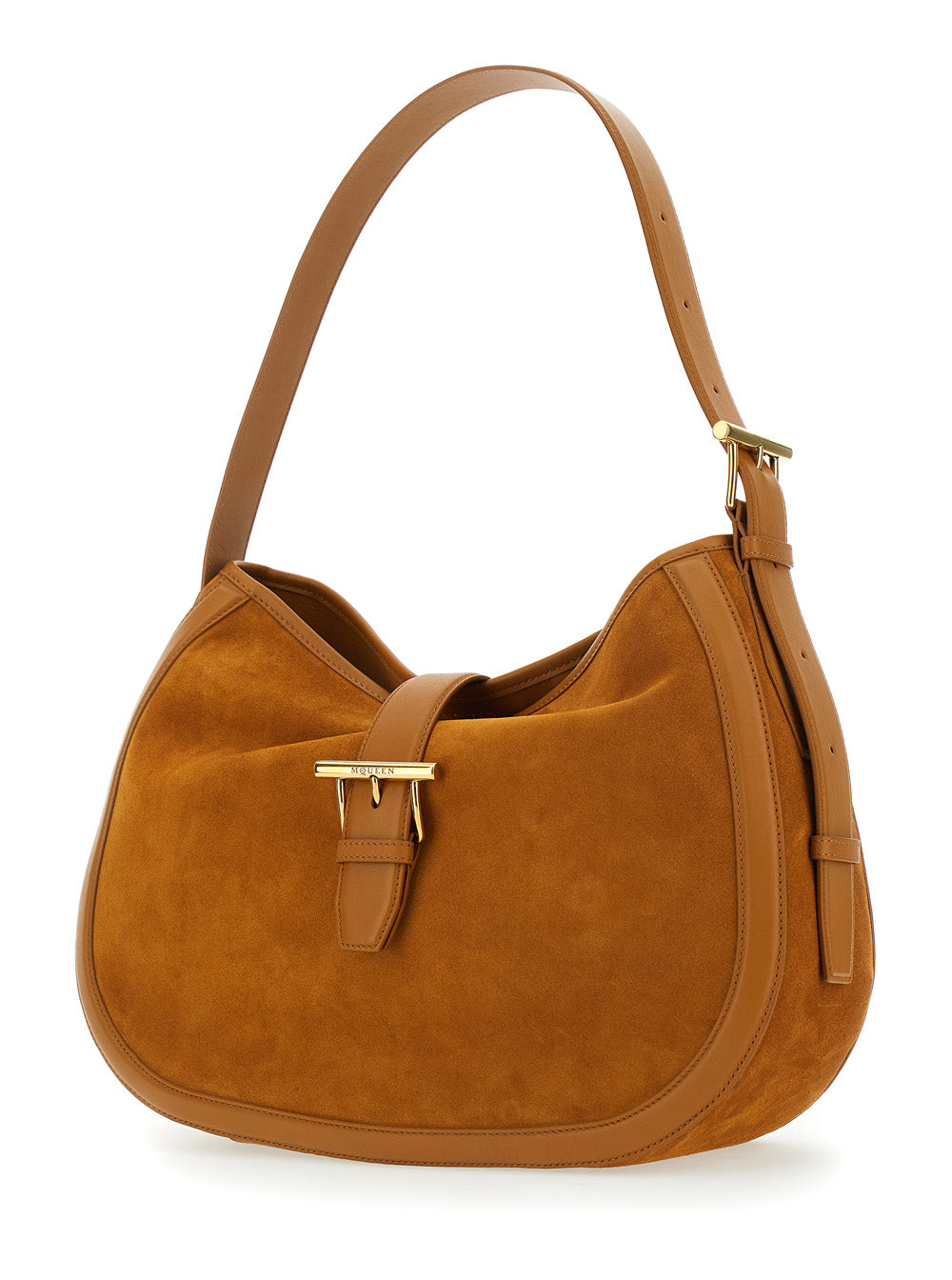 Alexander Mcqueen Ladies Brown Shoulder Bag Adjustable Shoulder Strap T Buckle Closure Suede Handbag Purse