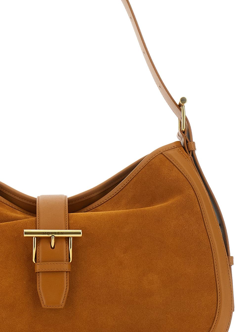 Alexander Mcqueen Ladies Brown Shoulder Bag Adjustable Shoulder Strap T Buckle Closure Suede Handbag Purse