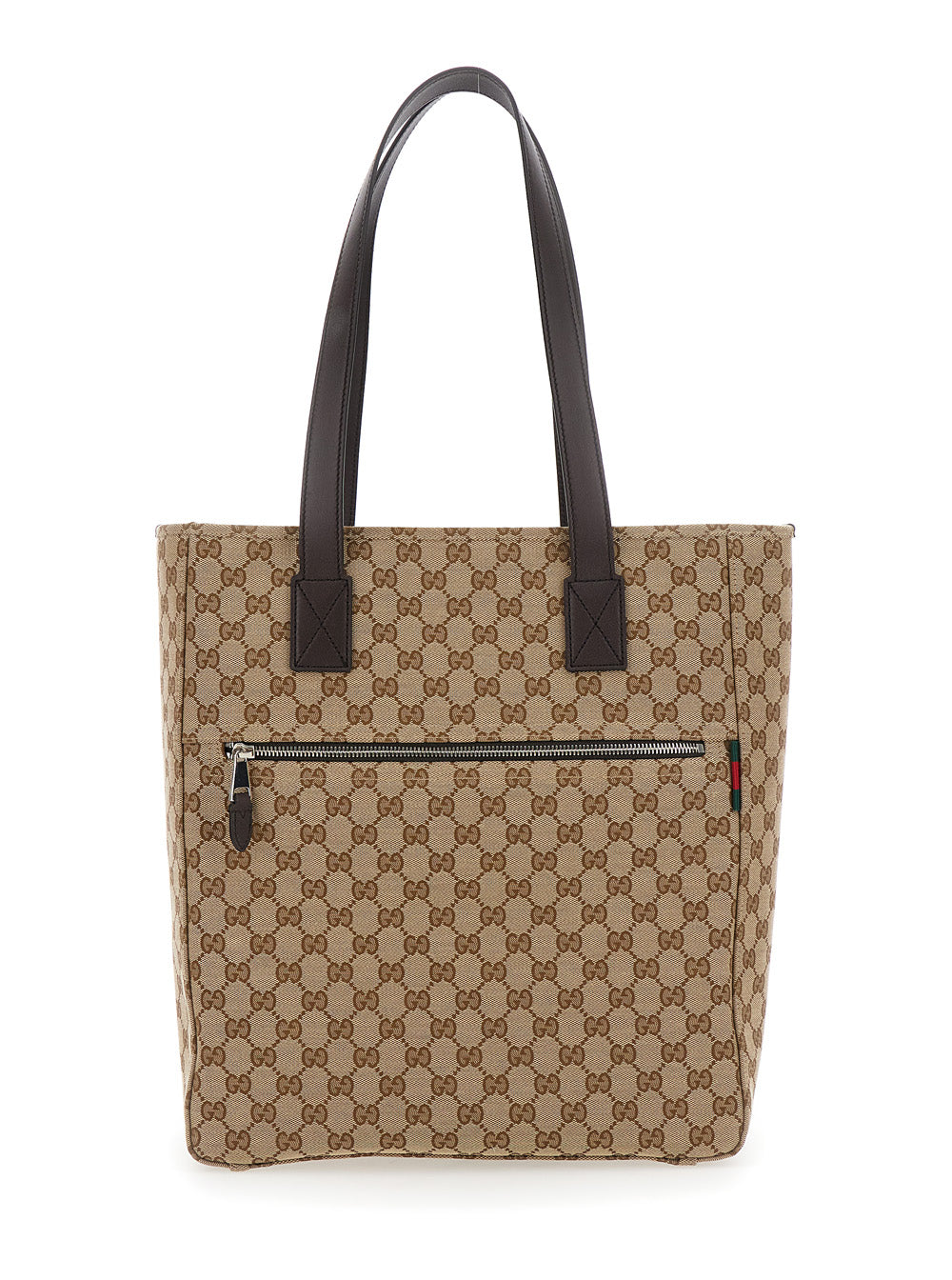 Gucci Men Beige Tote Bag With Two Top Leather Handles And Front Zip Pocket In GG Canvas Man