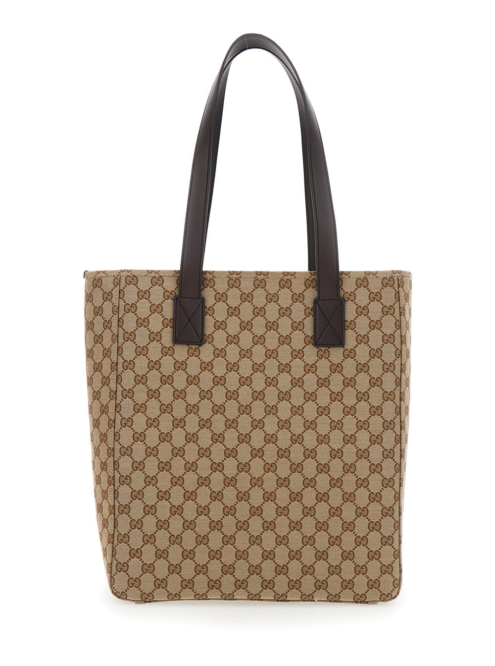 Gucci Men Beige Tote Bag With Two Top Leather Handles And Front Zip Pocket In GG Canvas Man