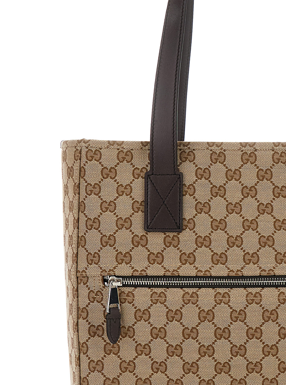 Gucci Men Beige Tote Bag With Two Top Leather Handles And Front Zip Pocket In GG Canvas Man