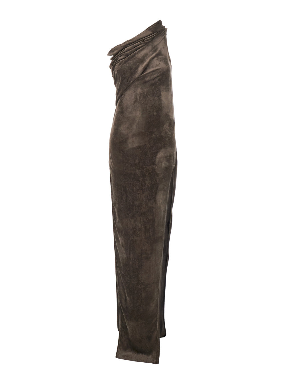 Rick Owens ladies 'Athena Arrowhead' Brown Asymmetric Long Dress With Ruched Neckline And Side Single Slit