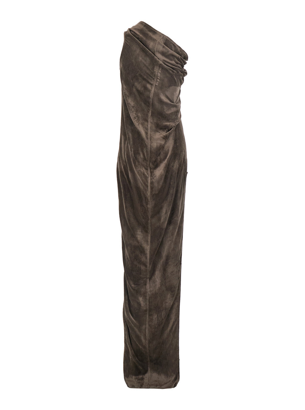Rick Owens ladies 'Athena Arrowhead' Brown Asymmetric Long Dress With Ruched Neckline And Side Single Slit