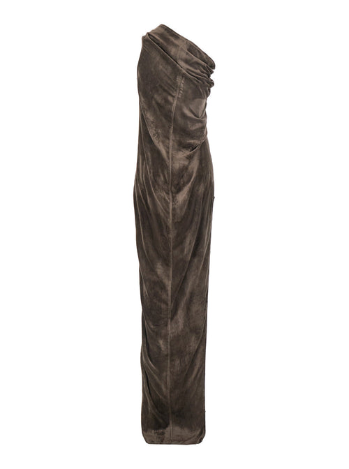 Rick Owens ladies 'Athena Arrowhead' Brown Asymmetric Long Dress With Ruched Neckline And Side Single Slit