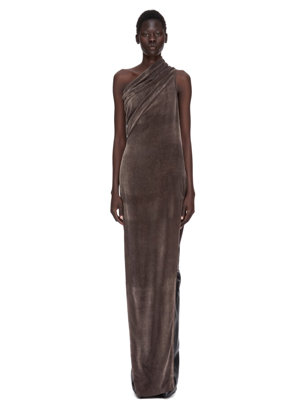 Rick Owens ladies 'Athena Arrowhead' Brown Asymmetric Long Dress With Ruched Neckline And Side Single Slit