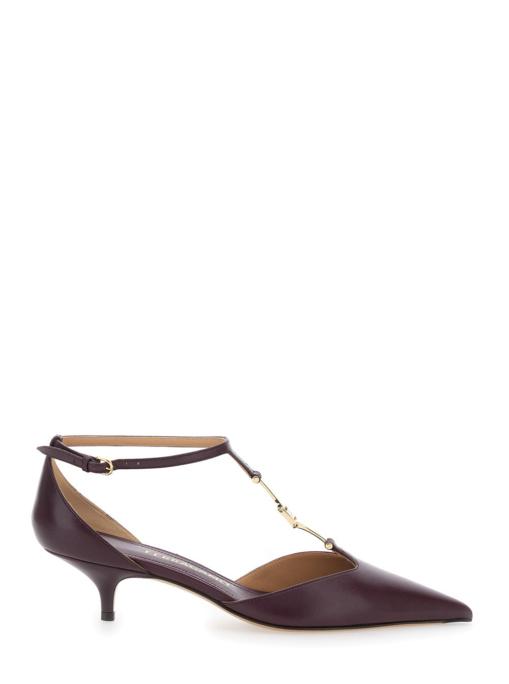 Ferragamo ladies Bordeaux Pumps T Strap Low kitten Heels Leather shoes