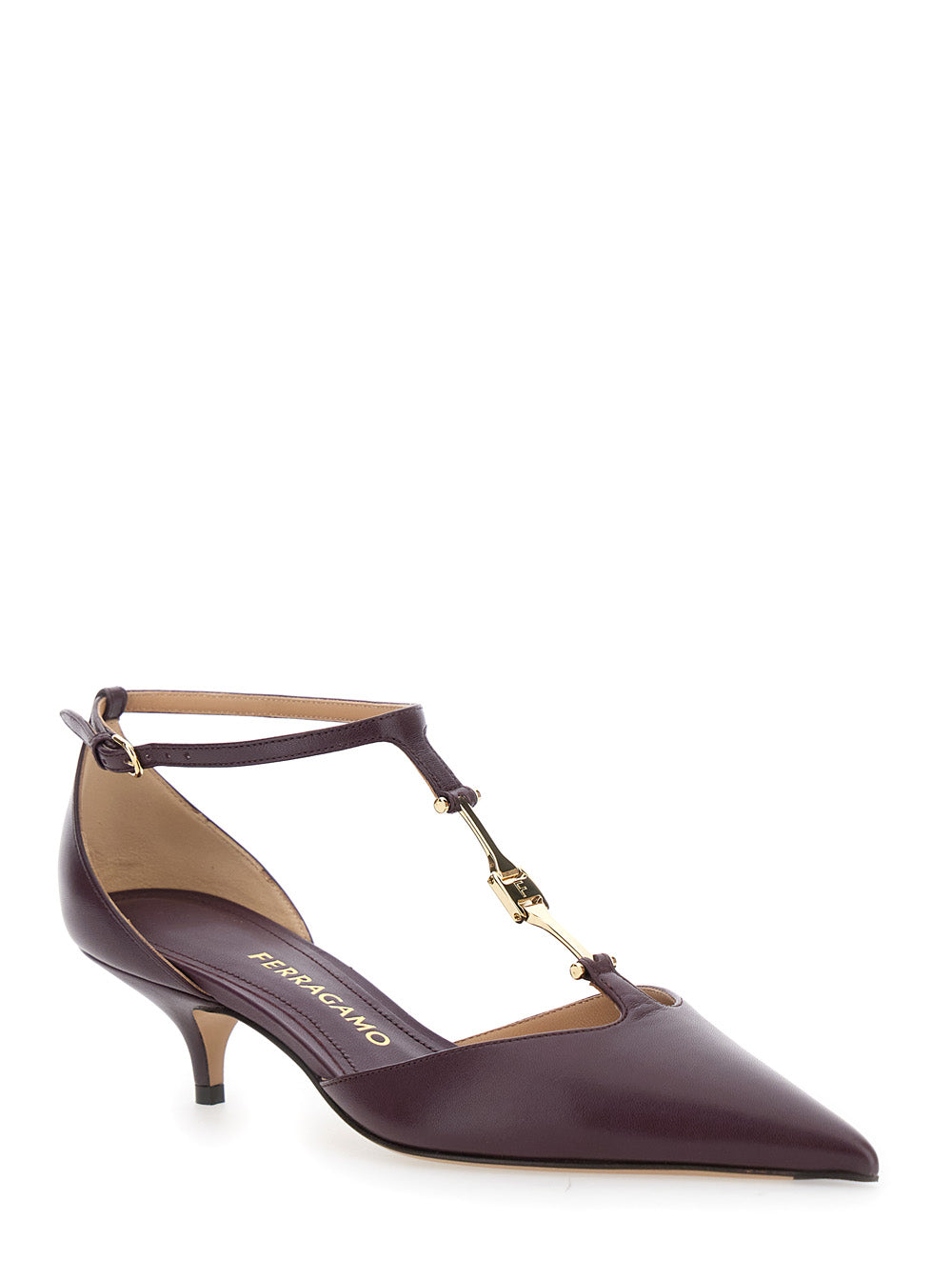 Ferragamo ladies Bordeaux Pumps T Strap Low kitten Heels Leather shoes