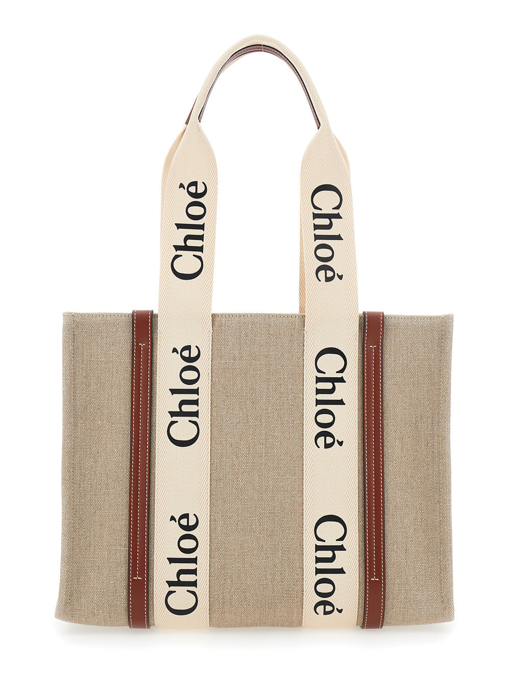 Chloé ladies Handbag 'Woody' Medium purse tote Logo Lettering On Front Beige Linen ladies
