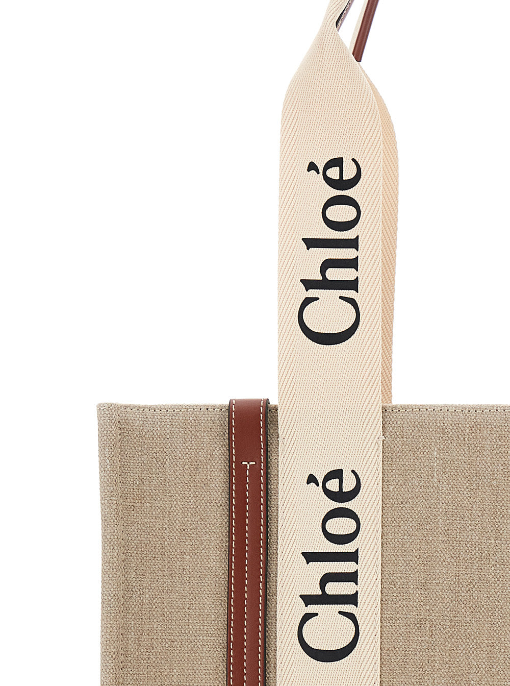 Chloé ladies Handbag 'Woody' Medium purse tote Logo Lettering On Front Beige Linen ladies