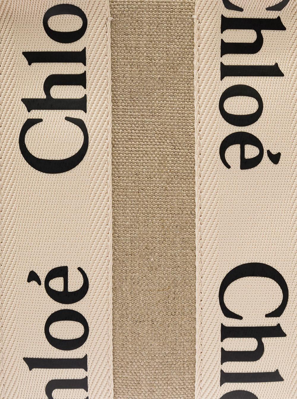 Chloé ladies Tote Bag 'Woody' With Leather And Linen Strap In Beige handbag purse