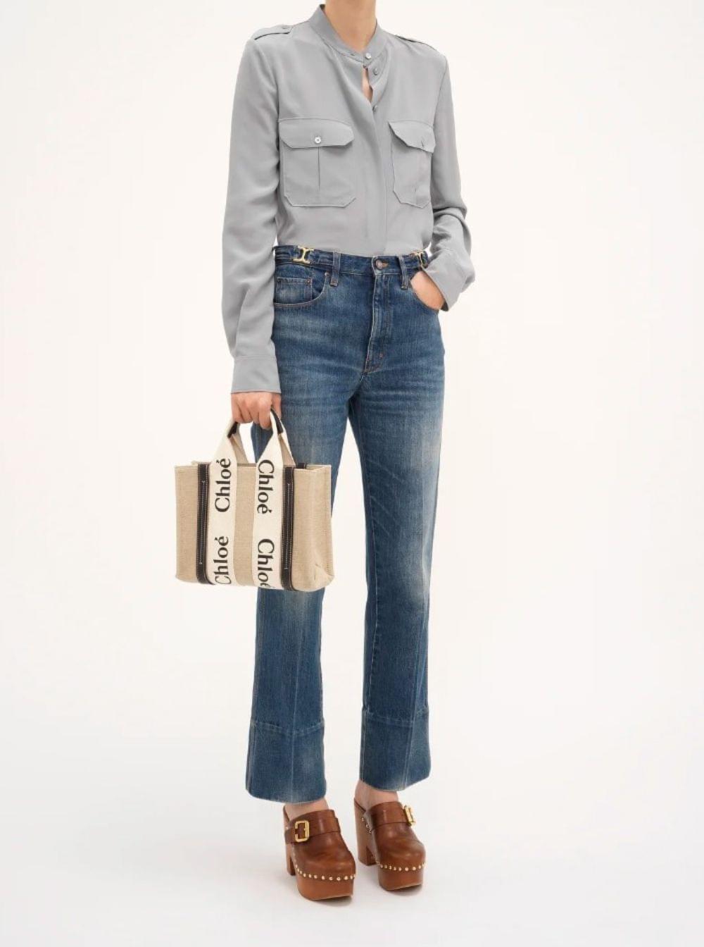 Chloé ladies Tote Bag 'Woody' With Leather And Linen Strap In Beige handbag purse
