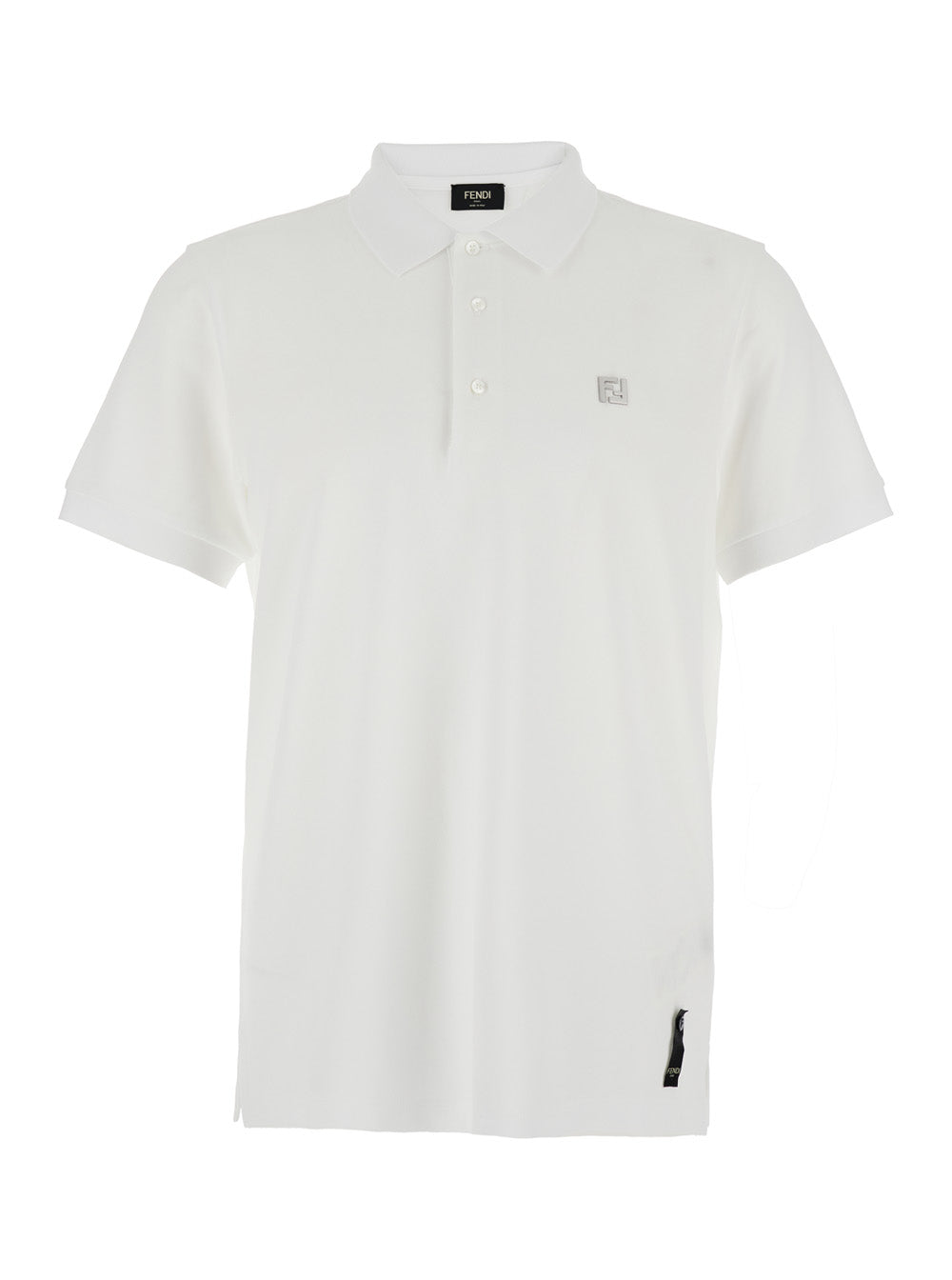 Fendi Men's White Polo Classic Collar Metal FF logo Plate On Front Shirt