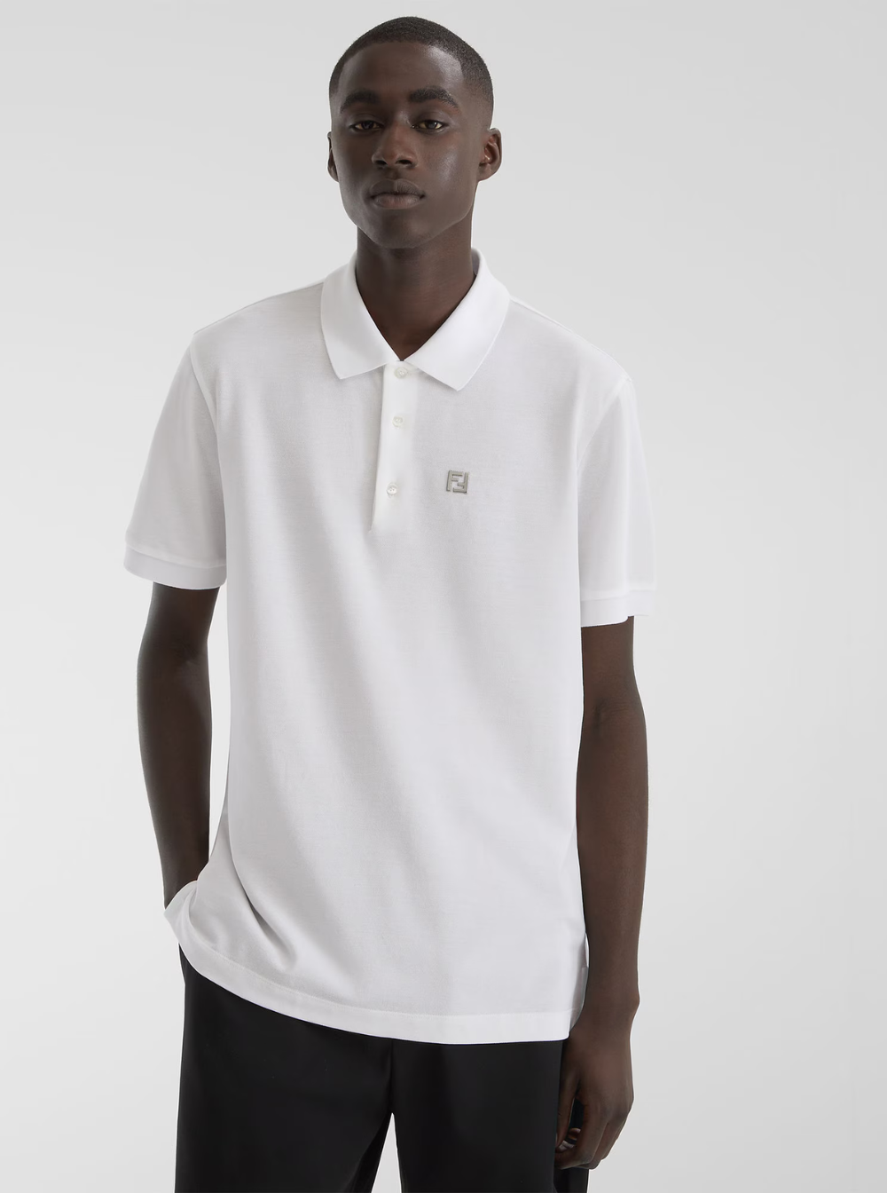 Fendi Men's White Polo Classic Collar Metal FF logo Plate On Front Shirt