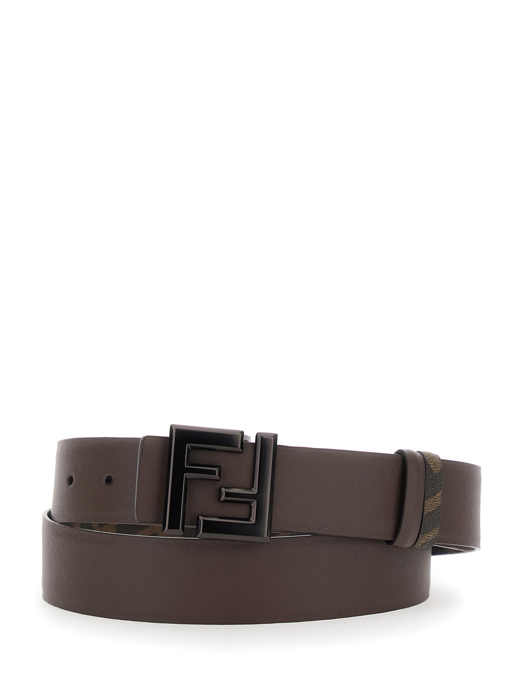 Fendi Men's Belt With FF Metallica Logo Plate And Brown Leather Front brown