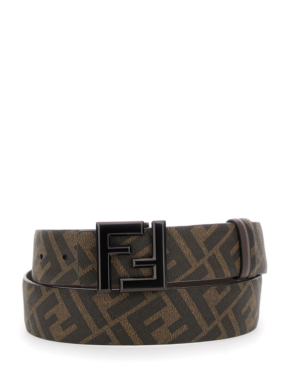 Fendi Men's Belt With FF Metallica Logo Plate And Brown Leather Front brown