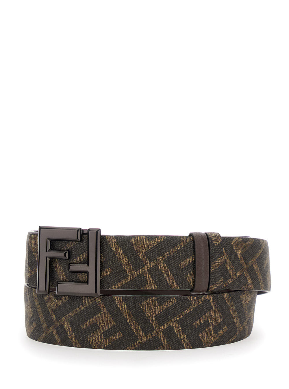 Fendi Men's Belt With FF Metallica Logo Plate And Brown Leather Front brown