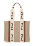 Chloé ladies Handbag 'Woody' Medium purse tote Logo Lettering On Front Beige Linen ladies