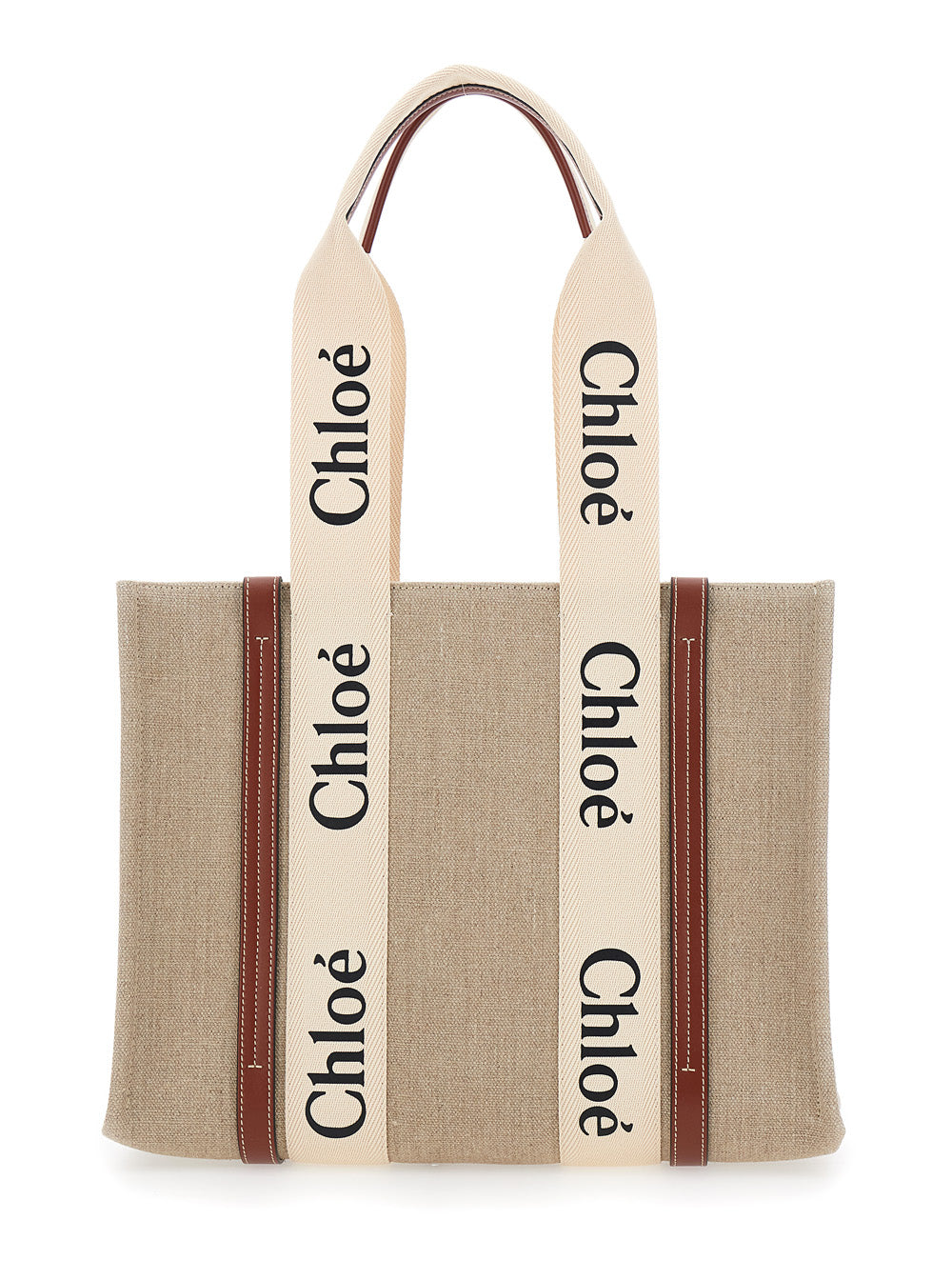Chloé ladies Handbag 'Woody' Medium purse tote Logo Lettering On Front Beige Linen ladies