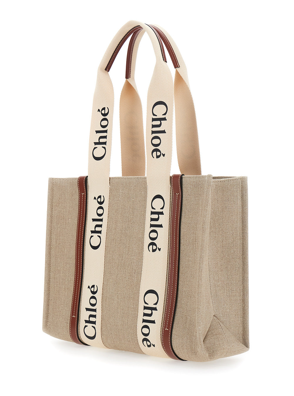Chloé ladies Handbag 'Woody' Medium purse tote Logo Lettering On Front Beige Linen ladies