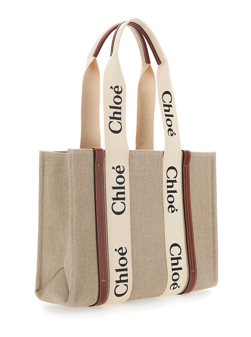 Chloé ladies Handbag 'Woody' Medium purse tote Logo Lettering On Front Beige Linen ladies