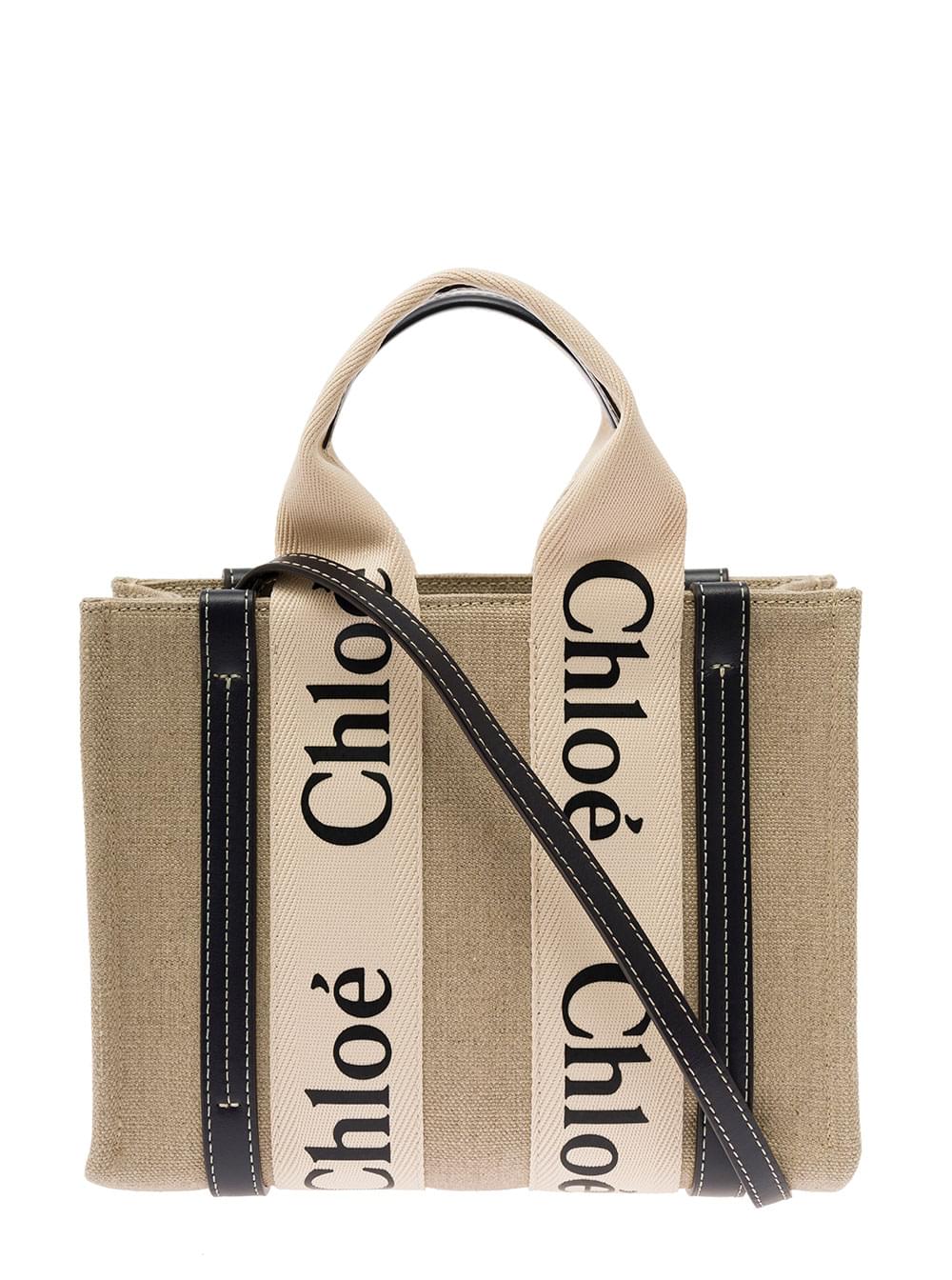 Chloé ladies Tote Bag 'Woody' With Leather And Linen Strap In Beige handbag purse