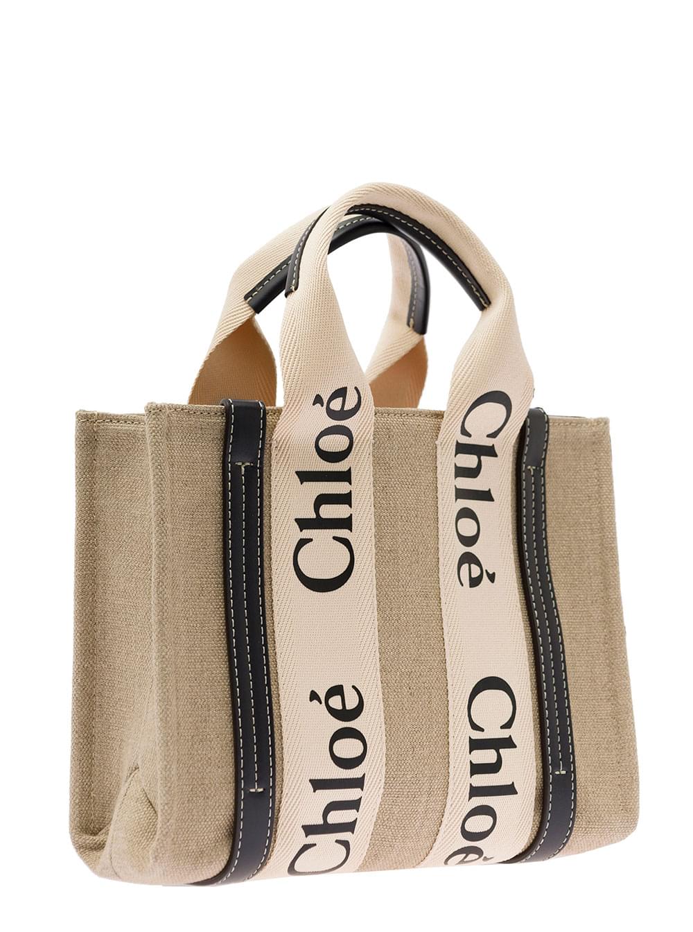 Chloé ladies Tote Bag 'Woody' With Leather And Linen Strap In Beige handbag purse