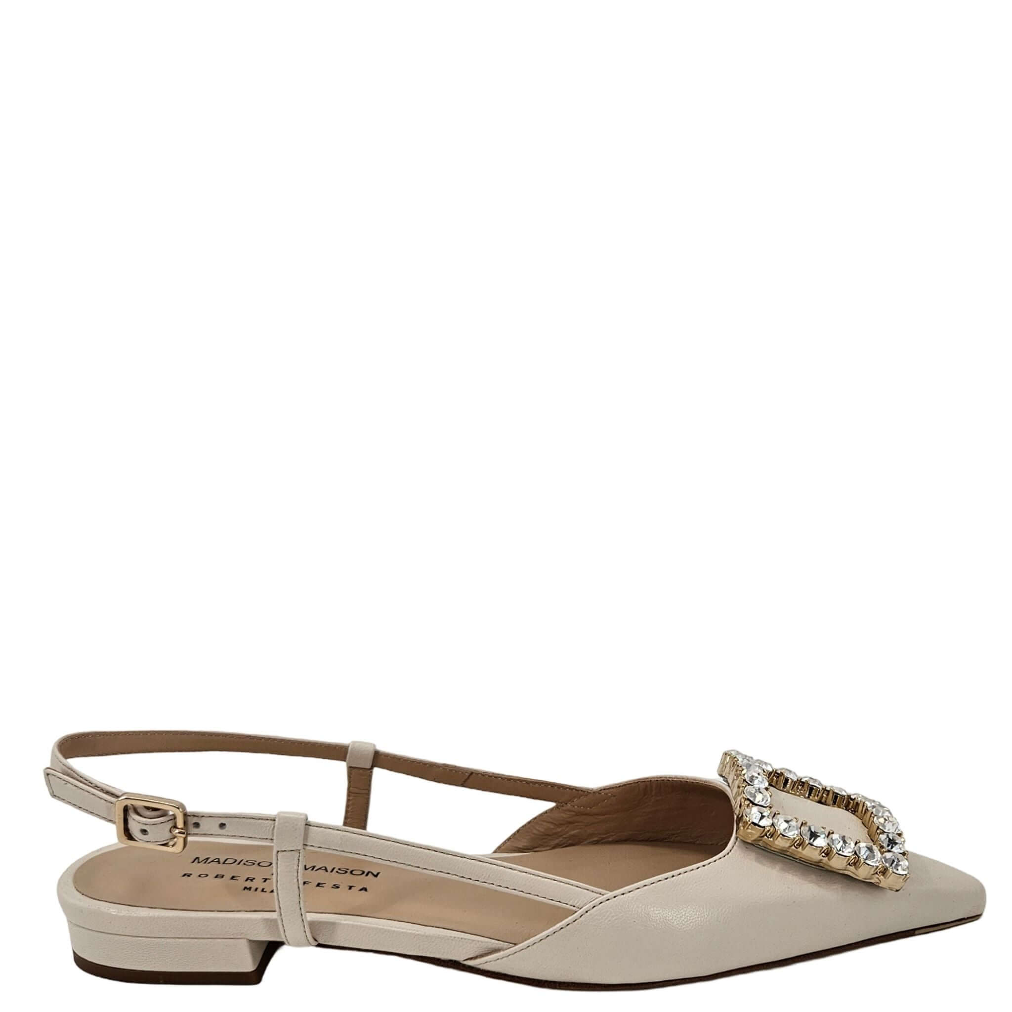 Cream Leather Lavanda Sling Back Flat buckle with rhinestones Maison shoes