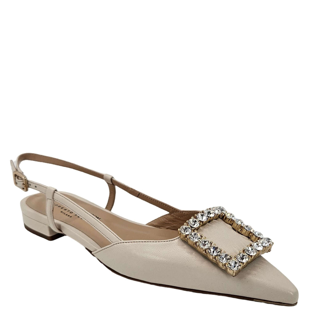 Cream Leather Lavanda Sling Back Flat buckle with rhinestones Maison shoes